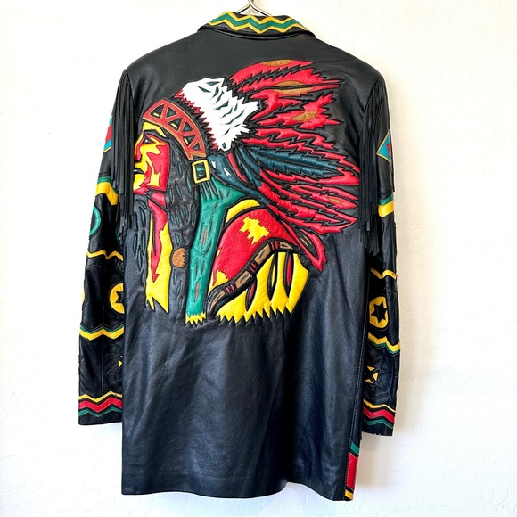 VINTAGE GERUNIMU LEATHER NATIVE INDIAN CHIEF FRINGE BLAZER JACKET SZ S, Mexico - Picture 7 of 12